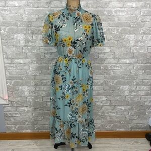 STELLA & JULIE Smocked High Neck Tierred Blue Floral Dress